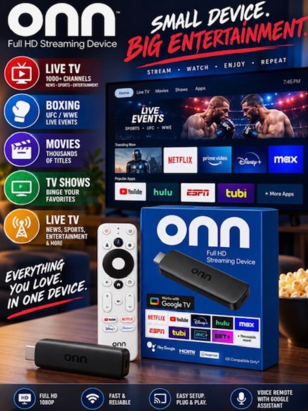 Full HD Onn Stick GOOGLE TV Media Device UNLOCKED Fully Loaded